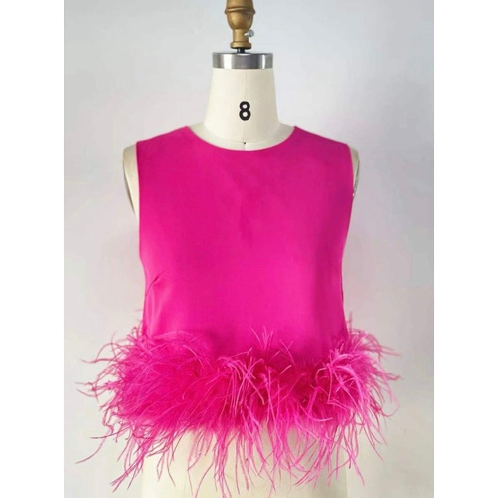 Pink Feather Trim Sleeveless Top
